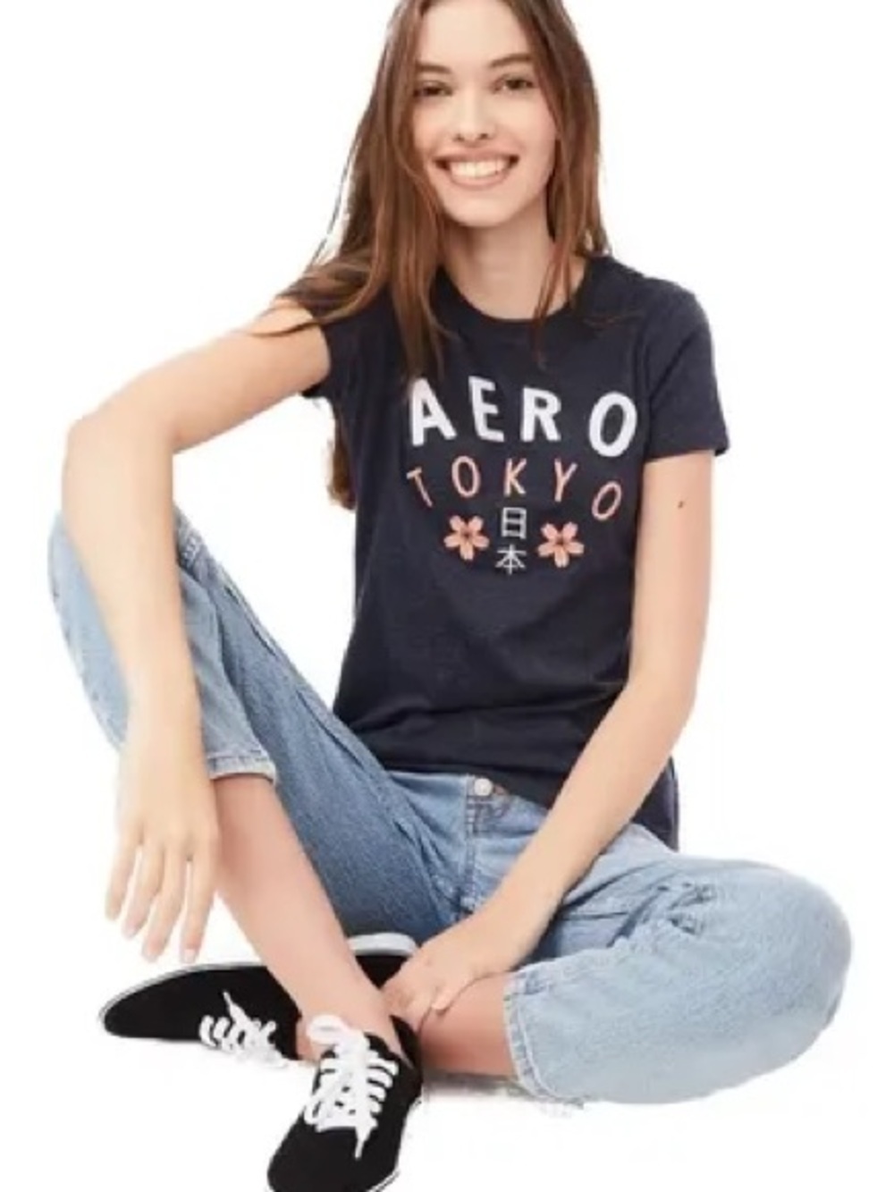 Aeropostale Navy Blue Graphic Crewneck Tee with White Lettering